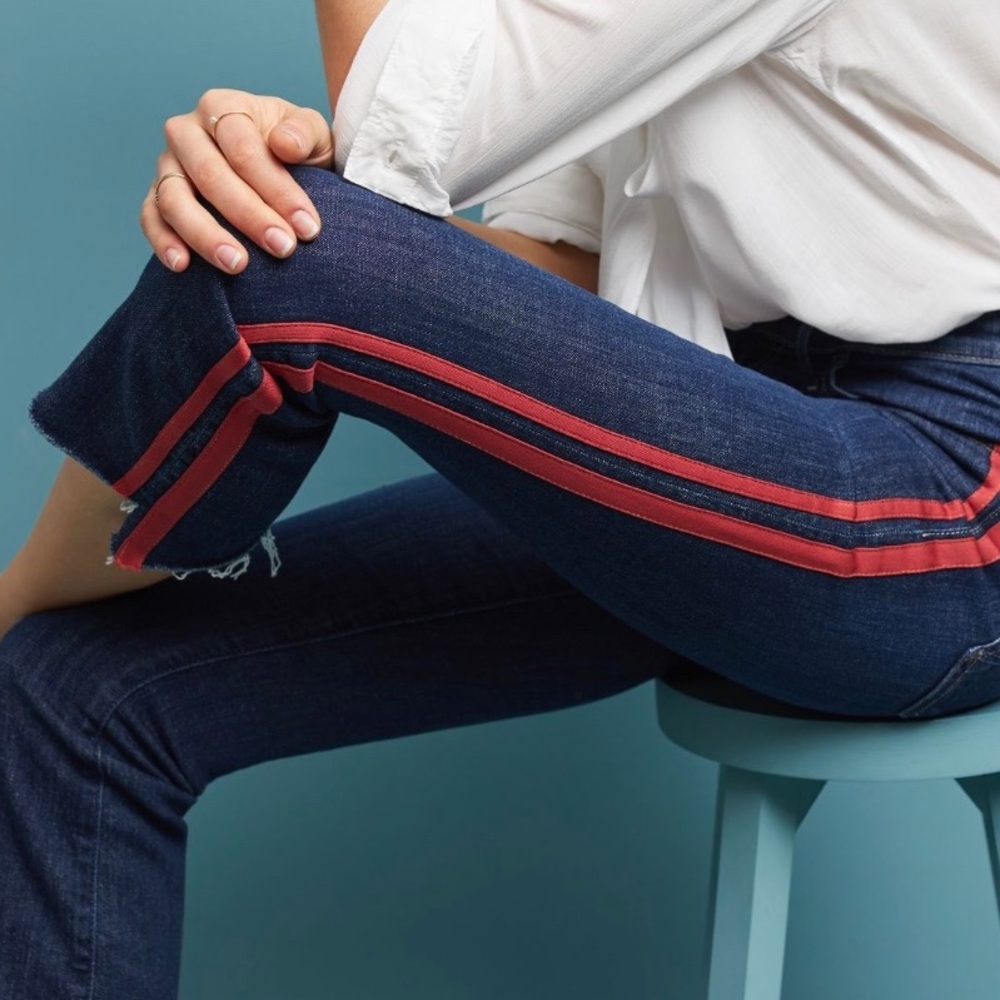 MOTHER Denim Insider Crop Step Fray Jeans in Speed Racer 26 stripe striped red